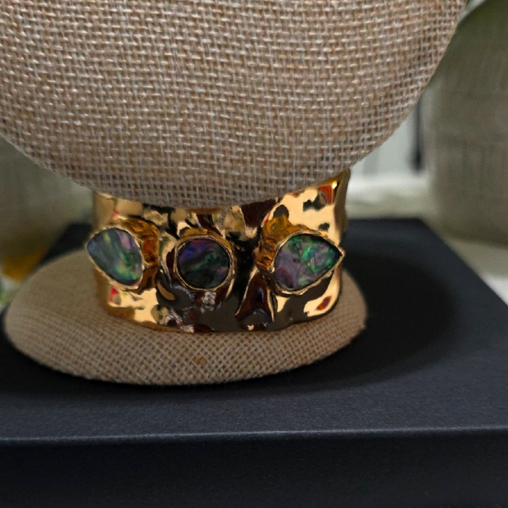 Gold Cuff  Bracelet with Iridescent Stones